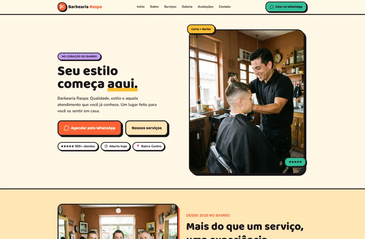 Página inicial do site Barbearia Raspa